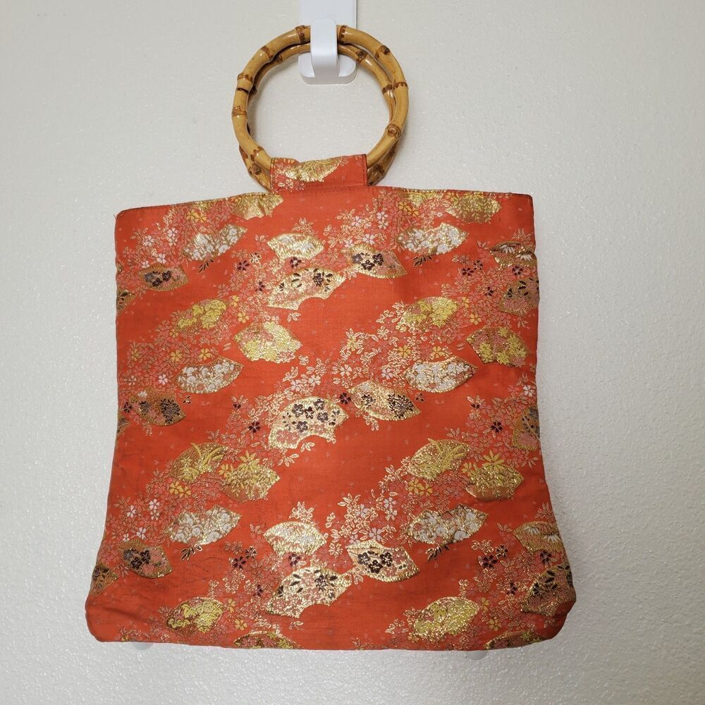 Vintage Orange Brocade Bamboo Handle Bag Gold Metallic Fan Floral Tote Handbag - Picture 10 of 16